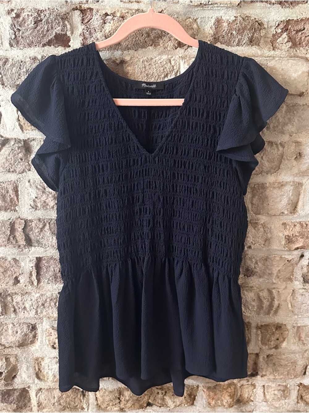 Madewell Navy Smocked V-Neck Flutter Sleeve Peplum Top